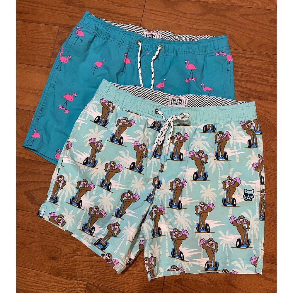 Party Pants Short Mens Medium Flamingo Sloth Swim Trunk Board Short Lot Of (2) M